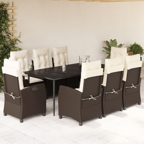 vidaXL Set comedor para jard&iacute;n 9 pzas y cojines rat&aacute;n sint&eacute;tico marr&oacute;n