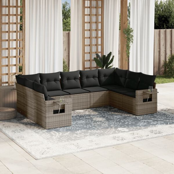 vidaXL Set de muebles de jard&iacute;n 9 pzas y cojines rat&aacute;n sint&eacute;tico gris