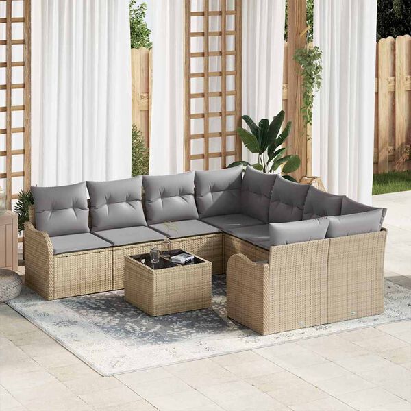 vidaXL Conjunto de sof&aacute; de jard&iacute;n Manual 9 pcs Beige rat&aacute;n sint&eacute;tico