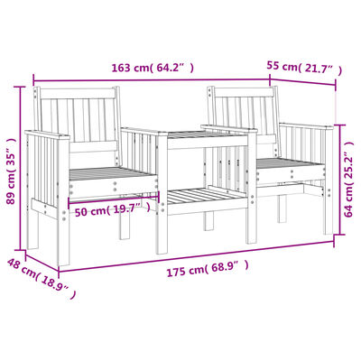 vidaXL Banco de jardín con mesa 2 plazas madera maciza de pino negro