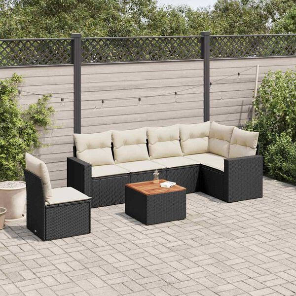 vidaXL Set de comedor de jard&iacute;n 7 pzas y cojines rat&aacute;n sint&eacute;tico negro