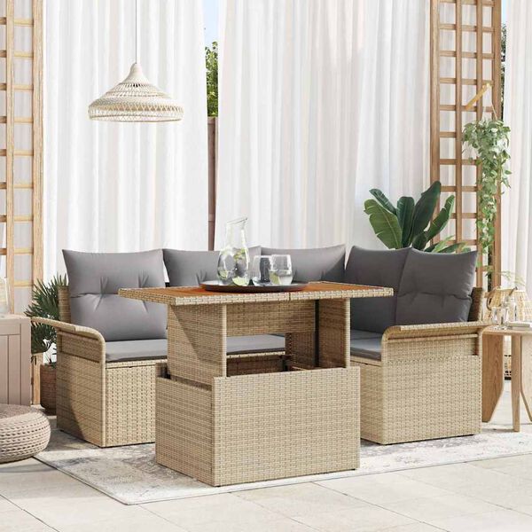 vidaXL Conjunto de sof&aacute; de jard&iacute;n 5 pcs Beige Polirat&aacute;n