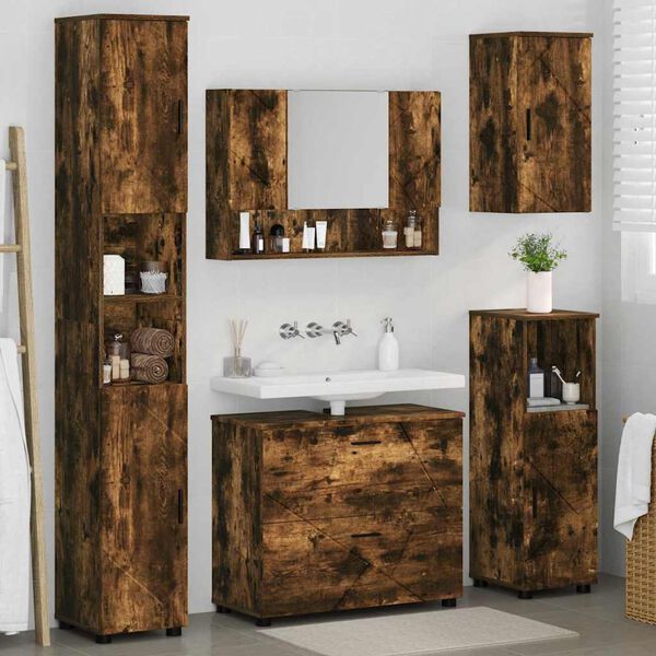 vidaXL Juego de muebles de ba&ntilde;o con caj&oacute;n 5 pcs Roble ahumado