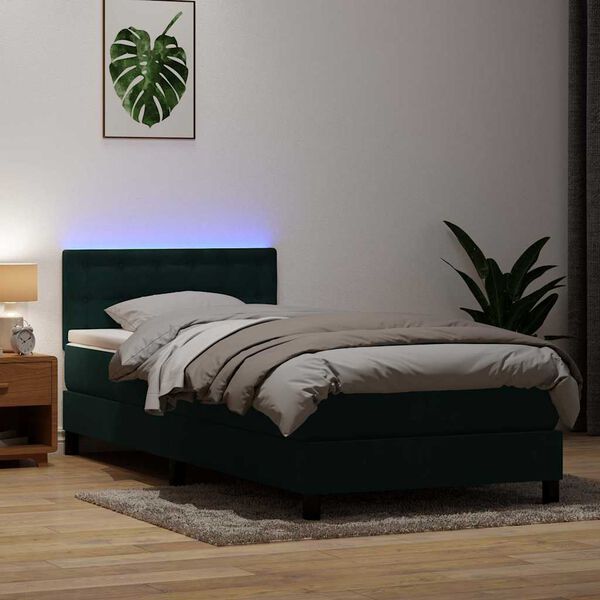 vidaXL Cama box spring con colch&oacute;n y LED terciopelo verde oscuro 80x220 cm