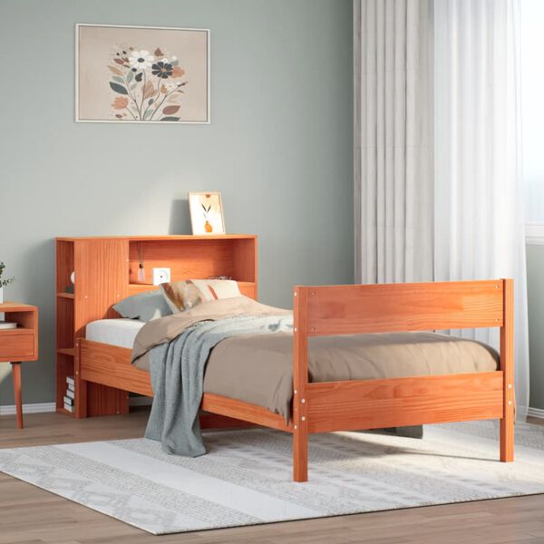 vidaXL Cama con estantería sin colchón madera maciza marrón 75x190 cm