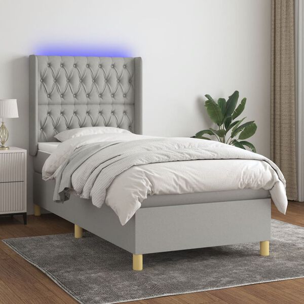vidaXL Cama box spring colch&oacute;n y luces LED tela gris claro 100x200 cm