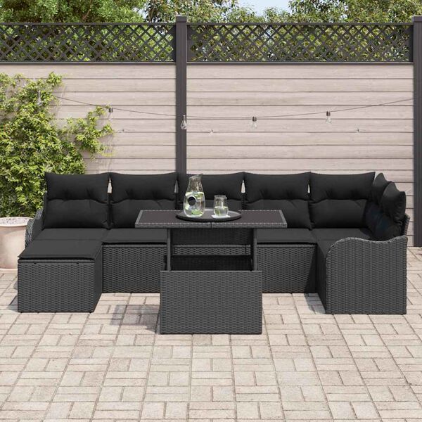 vidaXL Conjunto de sof&aacute; de jard&iacute;n con coj&iacute;n 8 pcs Negro Polirat&aacute;n