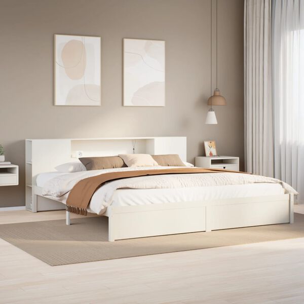 vidaXL Cama con estanter&iacute;a sin colch&oacute;n madera maciza blanca 200x200 cm