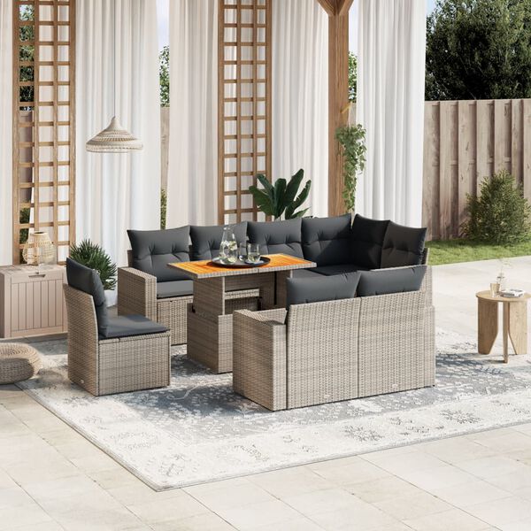 vidaXL Set de muebles de jard&iacute;n 9 pzas y cojines rat&aacute;n sint&eacute;tico gris
