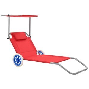 vidaXL Tumbona plegable con toldo y ruedas acero roja