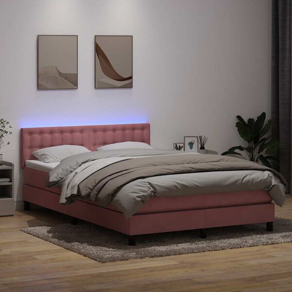 vidaXL Cama box spring con colch&oacute;n y LED terciopelo rosa 160x220 cm