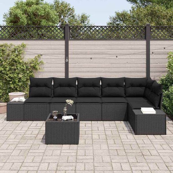vidaXL Conjunto de sof&aacute; de jard&iacute;n 7 pcs Negro rat&aacute;n sint&eacute;tico