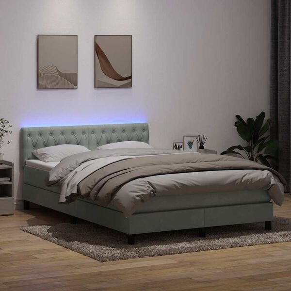 vidaXL Cama box spring con colch&oacute;n y LED terciopelo gris claro 160x210 cm