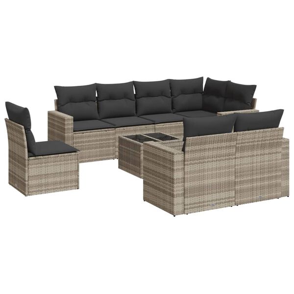 vidaXL Set muebles jard&iacute;n 9 pzas y cojines rat&aacute;n sint&eacute;tico gris claro
