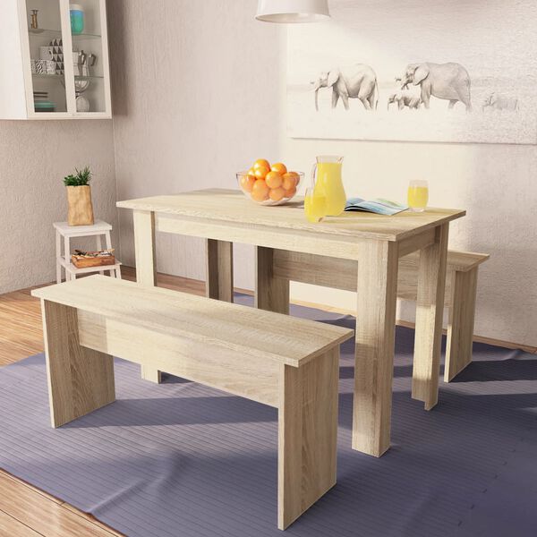 vidaXL Mesa de comedor y bancos 3 piezas madera ingenier&iacute;a roble