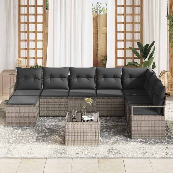vidaXL Conjunto de sof&aacute; de jard&iacute;n 9 pcs Gris Polirat&aacute;n