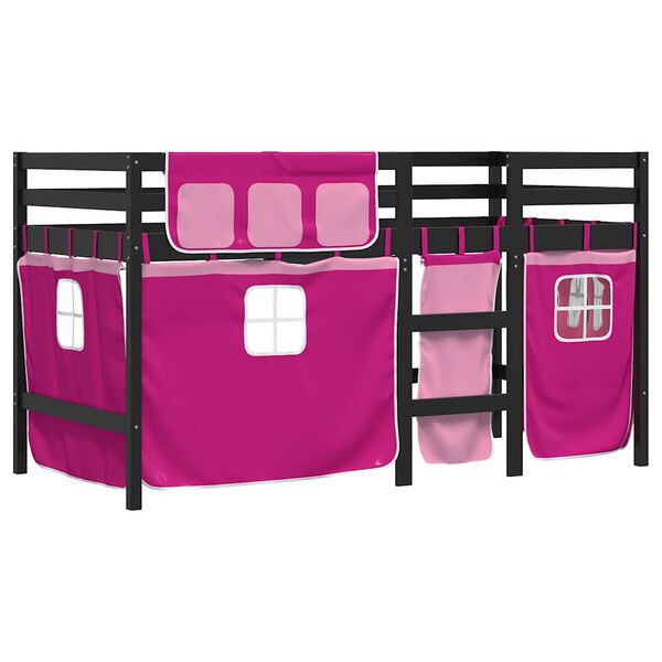 vidaXL Cama alta para ni&ntilde;os con cortinas madera pino rosa 80x200 cm