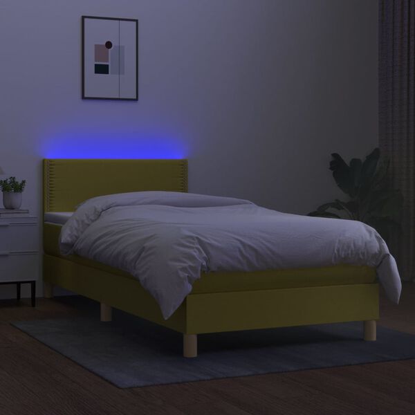 vidaXL Cama box spring con colch&oacute;n y LED tela verde 90x200 cm