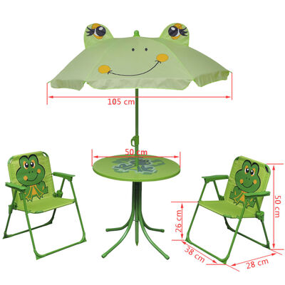 vidaXL Set mesa y sillas de jardín infantil 3 pzas con sombrilla verde
