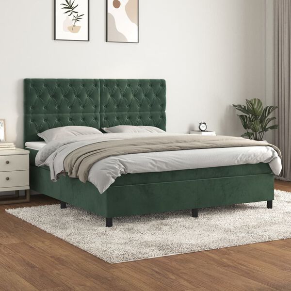 vidaXL Cama box spring con colch&oacute;n terciopelo verde oscuro 160x200 cm