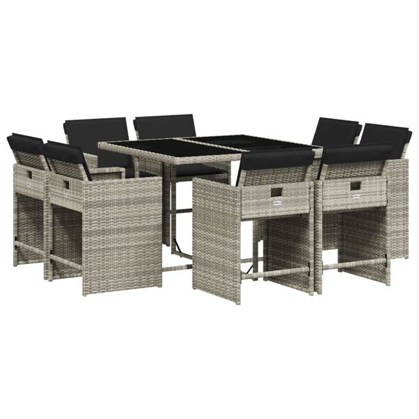 vidaXL Set comedor de jard&iacute;n 9 pzas cojines rat&aacute;n sint&eacute;tico gris claro