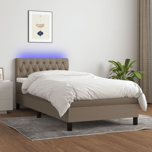 vidaXL Cama box spring colch&oacute;n y luces LED tela gris taupe 90x200 cm
