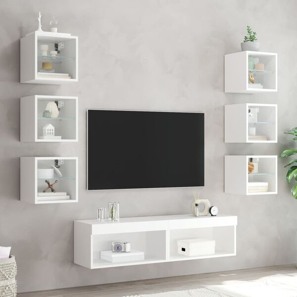 vidaXL Muebles de TV de pared con LED 8 pzas madera ingenier&iacute;a blanco