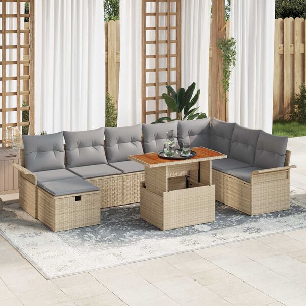 vidaXL Conjunto de sof&aacute; de jard&iacute;n con coj&iacute;n 9 pcs Beige Polirat&aacute;n