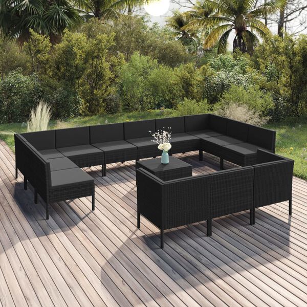 vidaXL Set de muebles de jard&iacute;n 14 pzas cojines rat&aacute;n sint&eacute;tico negro