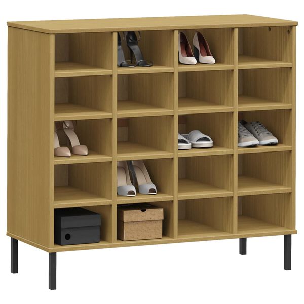 vidaXL Zapatero patas de metal OSLO madera maciza marrón 95x35x86 cm