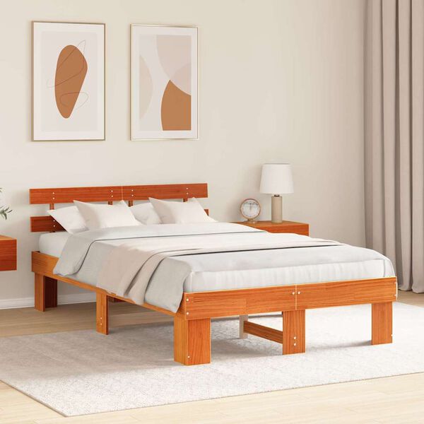 vidaXL Estructura de cama con cabecera Marrón cera 135 x 190 cm