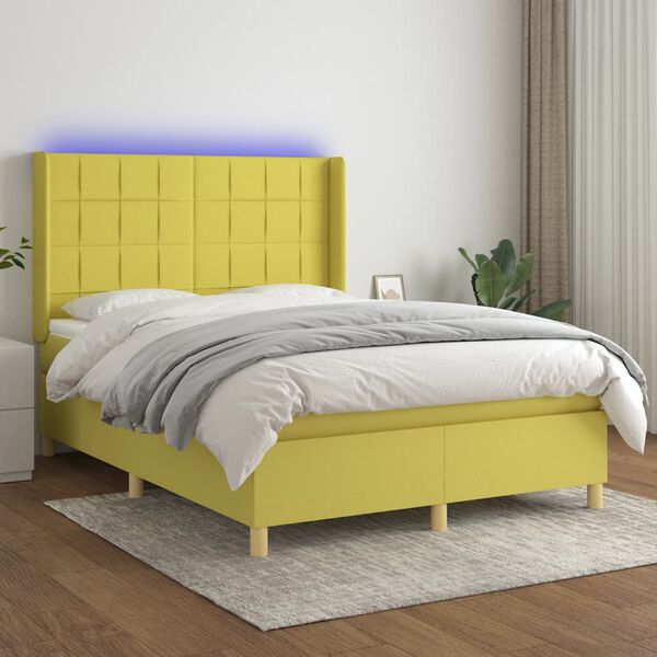 vidaXL Cama box spring colch&oacute;n y luces LED tela verde 140x190 cm