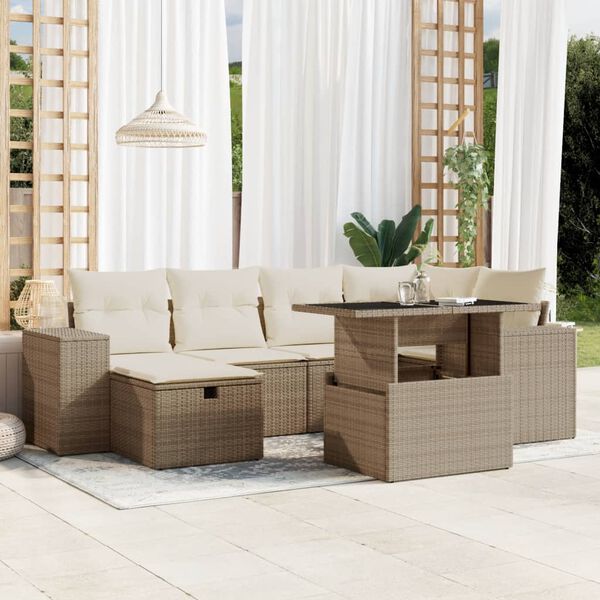 vidaXL Set sof&aacute;s de jard&iacute;n 7 piezas y cojines rat&aacute;n sint&eacute;tico beige