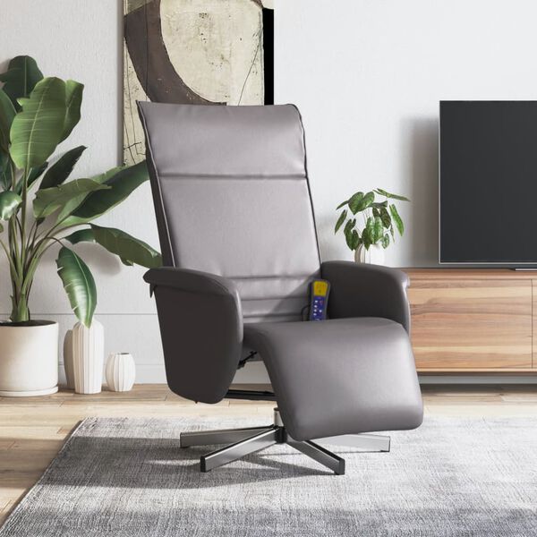 vidaXL Sill&oacute;n reclinable de masaje con reposapi&eacute;s cuero sint&eacute;tico gris
