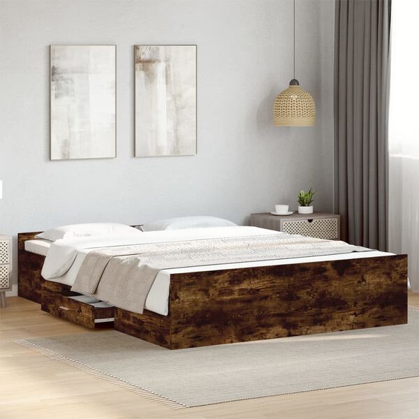 vidaXL Cama con cajones madera de ingenier&iacute;a roble ahumado 140x200 cm