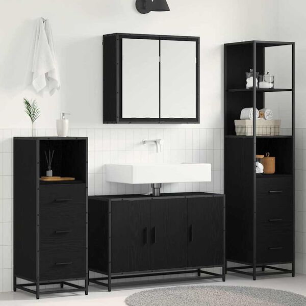 vidaXL Juego de muebles de ba&ntilde;o 4 pcs Roble Negro Madera de ingenier&iacute;a