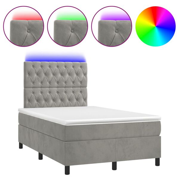 vidaXL Cama box spring colch&oacute;n y LED terciopelo gris claro 120x190 cm
