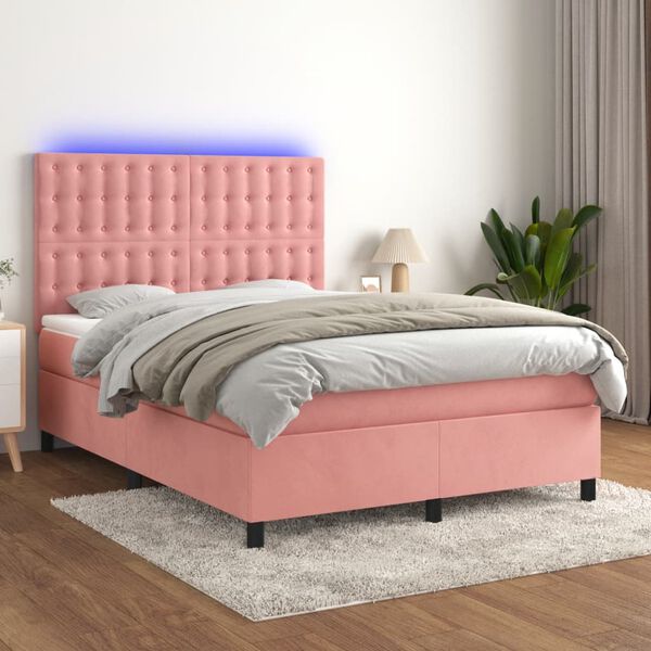 vidaXL Cama box spring colch&oacute;n y LED terciopelo rosa 140x200 cm