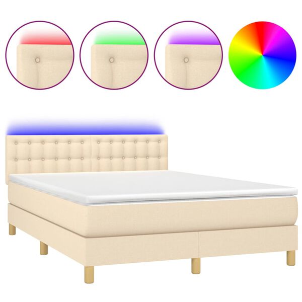 vidaXL Cama box spring colch&oacute;n y luces LED tela crema 140x190 cm