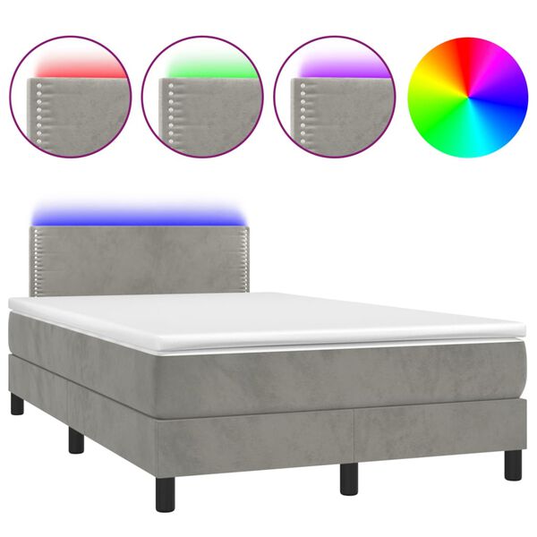 vidaXL Cama box spring colch&oacute;n y LED terciopelo gris claro 120x200 cm