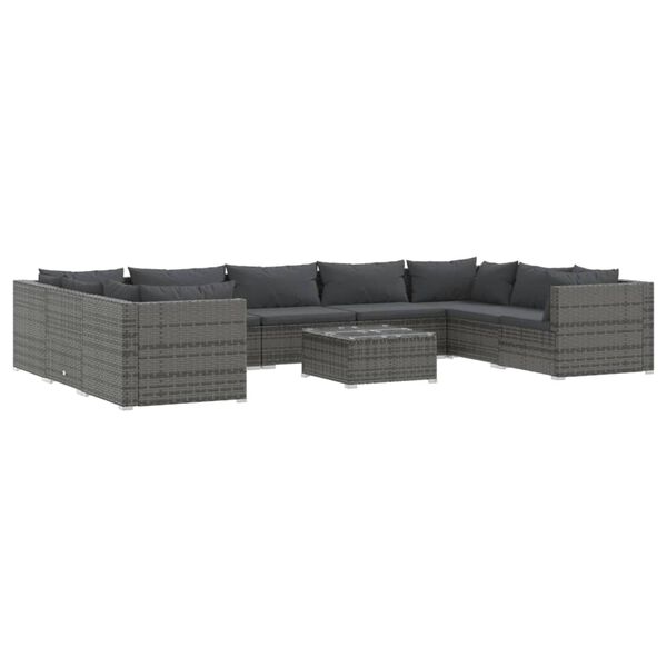 vidaXL Set de muebles de jard&iacute;n 10 pzas y cojines rat&aacute;n sint&eacute;tico gris