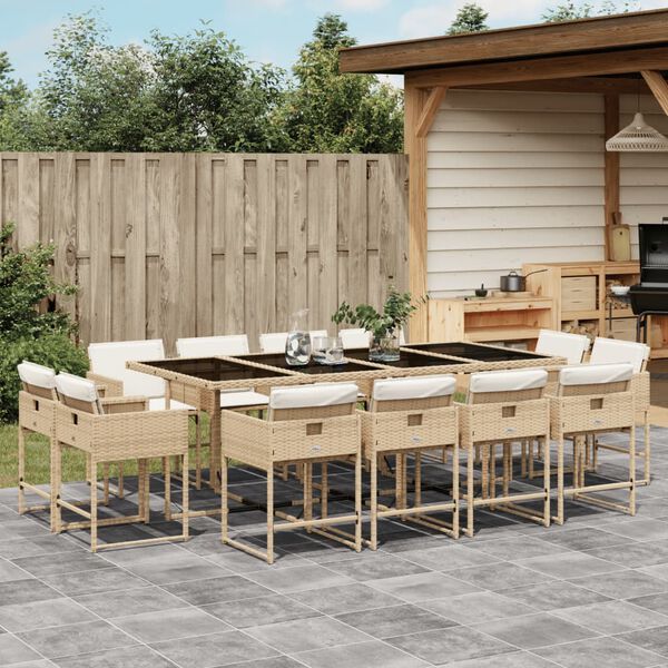 vidaXL Set comedor de jard&iacute;n con cojines 13 pzas rat&aacute;n sint&eacute;tico beige