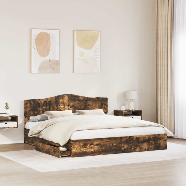 vidaXL Cama con almacenamiento con cabecera Roble ahumado 200 x 200 cm