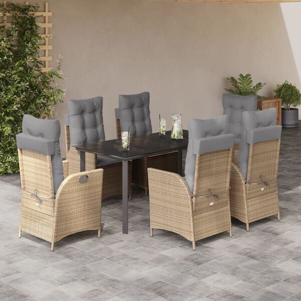 vidaXL Set comedor de jard&iacute;n 7 pzas con cojines rat&aacute;n sint&eacute;tico beige