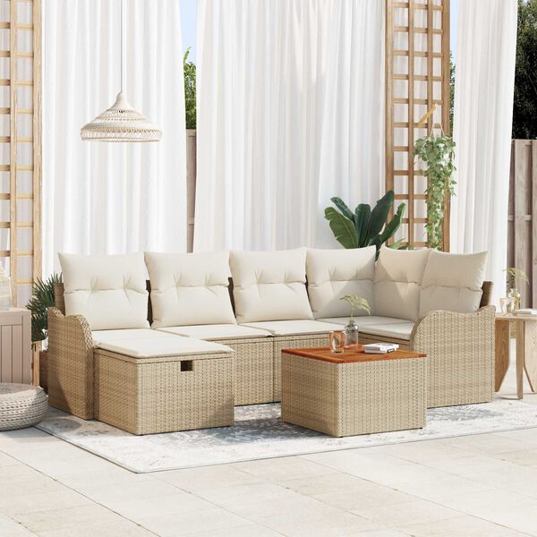 vidaXL Conjunto de sof&aacute;s de jard&iacute;n con coj&iacute;n 7 pcs Beige Polirat&aacute;n