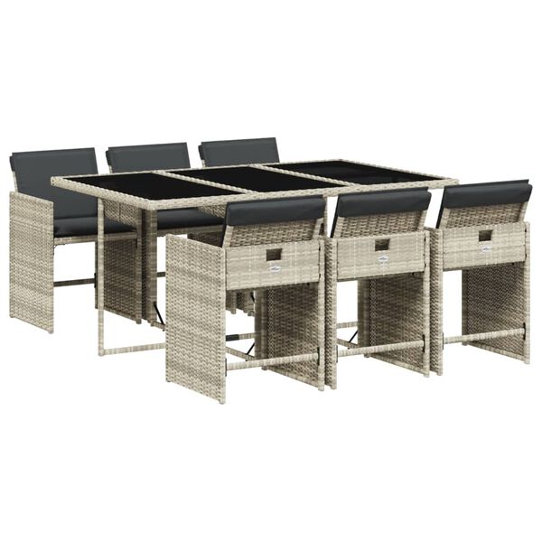 vidaXL Set comedor jard&iacute;n 7 pzas y cojines rat&aacute;n sint&eacute;tico gris claro