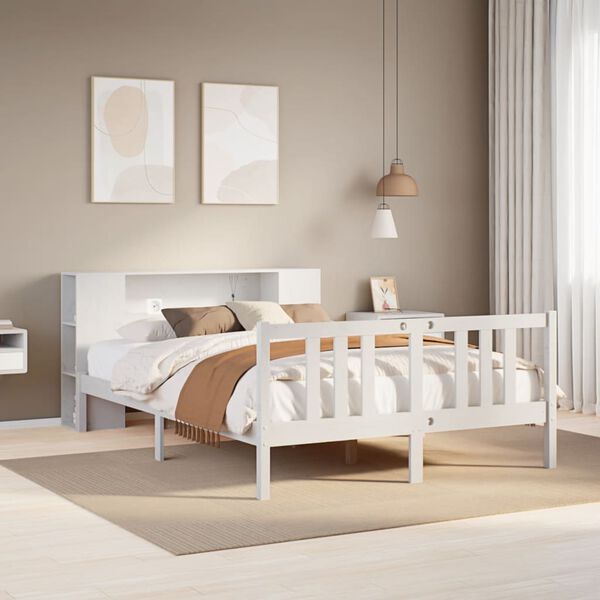 vidaXL Cama con estanter&iacute;a sin colch&oacute;n madera maciza blanca 160x200 cm