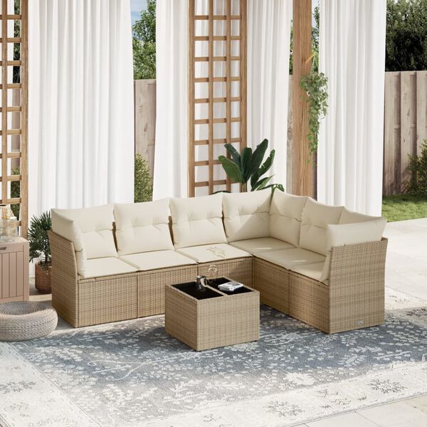 vidaXL Set sof&aacute;s de jard&iacute;n 7 piezas y cojines rat&aacute;n sint&eacute;tico beige