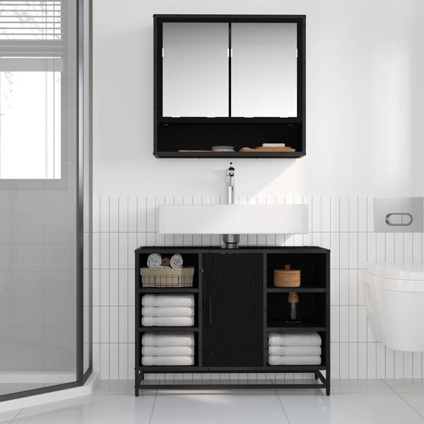 vidaXL Juego de muebles de ba&ntilde;o 2 pcs Roble Negro Madera de ingenier&iacute;a