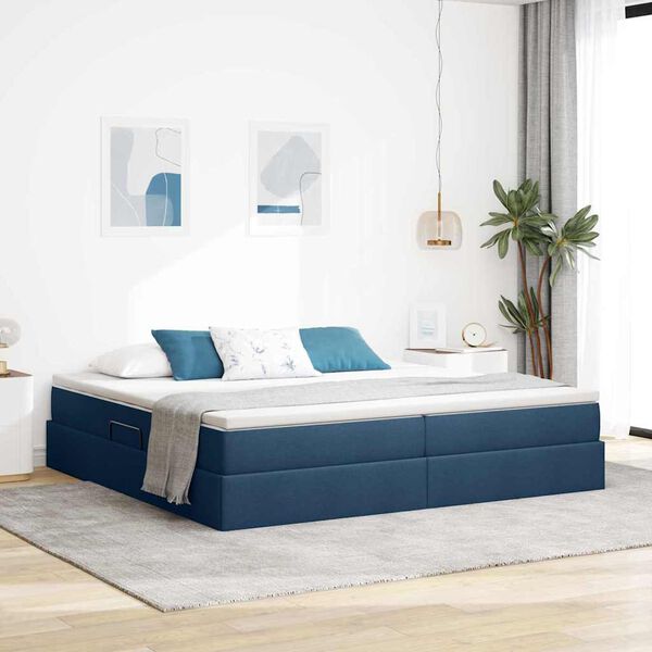 vidaXL Cama con almacenamiento y colch&oacute;n Azul 200 x 200 cm Poli&eacute;ster